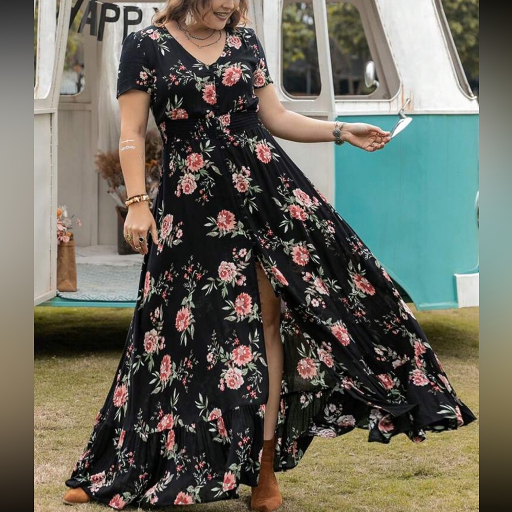 Plus Size Boho Cottagecare Floral Print Button Down Maxi Dress Black New